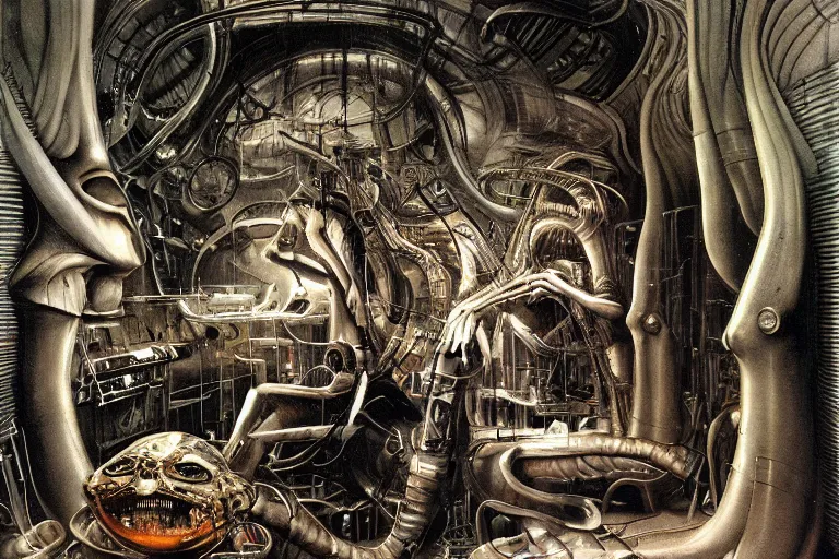 Image similar to the birth of the cyborg sleeping chambre / artificial womb by hr giger. hedonic imperative expressed as a pan - species techno - utopia imagined by jim burns and james gurney. masterpiece scifi artwork, retro, trending on artstation, 8 k