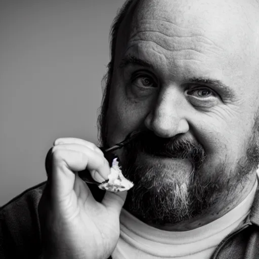 Prompt: louis c k eating a cinnamon roll, extreme close - up, xf iq 4, f / 1. 4, iso 2 0 0, 1 / 1 6 0 s, 8 k, raw, unedited, symmetrical balance, in - frame, sharpened