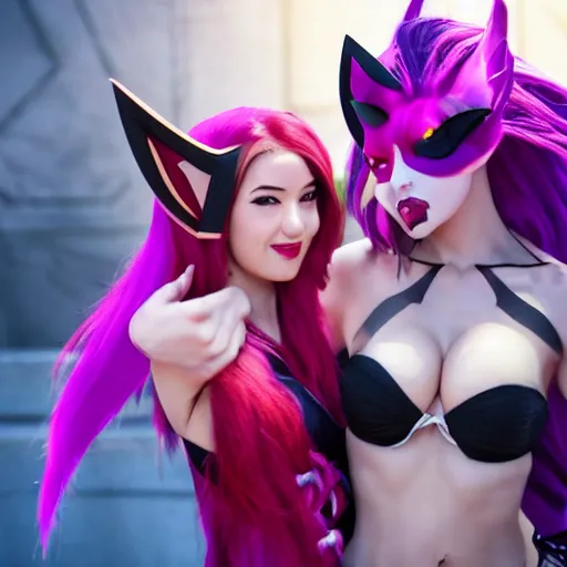 Prompt: league of legends, xayah and kai'sa pose together, best friends, funny, flirty, smiling, photo