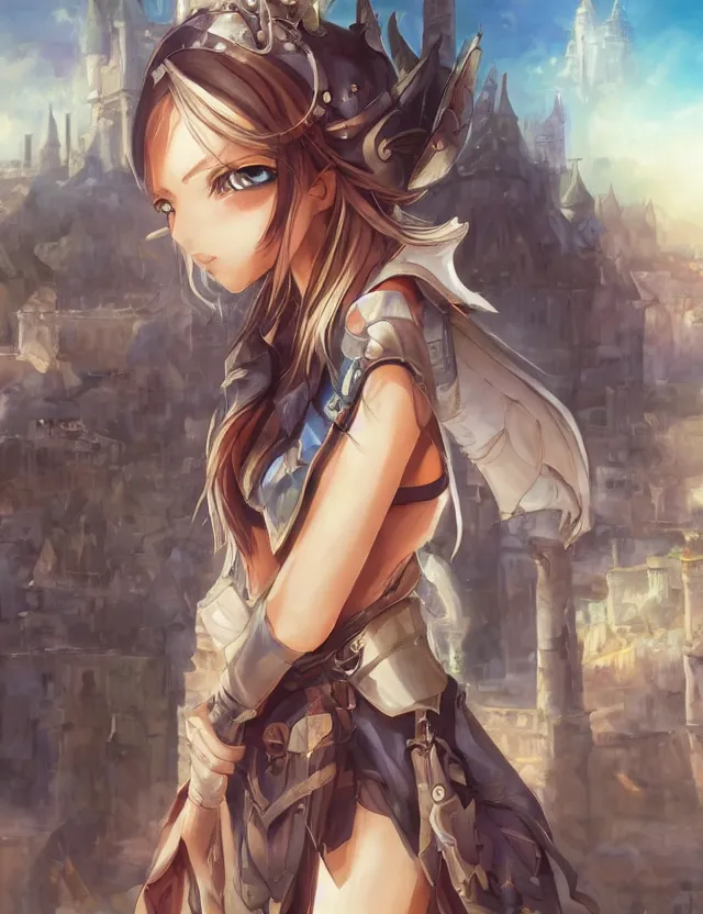 Image similar to scenic wide angle portrait of a teenage girl in town center, confident knight's outfit, anime in fantasy style, trending artwork, painted in anime painter studio, by anato finstark, tony sart, marc simonetti and an anime artist, collaboration