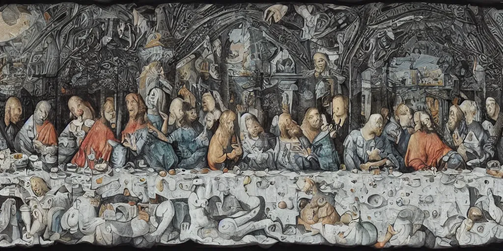 Image similar to multilayer last supper full color gradient pattern of escher style 3 6 0 panorama with hieronymus bosch style bubbles, unfinished, very detailed