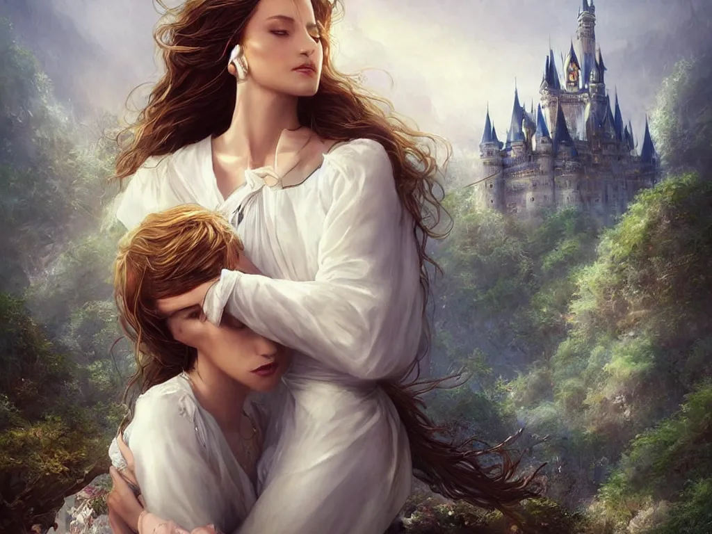 Image similar to beautiful woman in a white blouse hugging an prince, goddess, blurry castle backround, sunny, fine art, awesome fantasy book cover on Pinterest, award winning, dark fantasy landscape, fantasy magic, intricate, elegant, sharp focus, cinematic lighting, highly detailed, digital painting, concept art, art by WLOP and Artgerm and Greg Rutkowski, masterpiece, trending on artstation, 8K