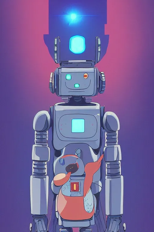 Image similar to amazing digital artwork of a robot protecting a cat, studio ghibli, colorful, anime style, azure tones, color bleed, grain, high resolution, artstation