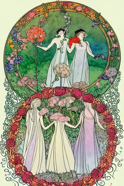 Image similar to three women holding hands in a circle with flowers growing around, flower frame, detailed art by kay nielsen and walter crane, illustration style, watercolor
