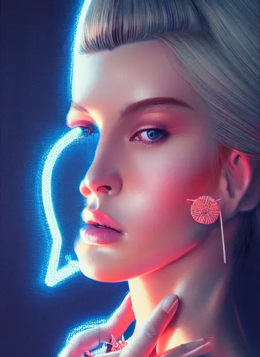 Image similar to photorealistic portrait of female humanoid, highly intricate, retro 6 0 s fashion, elegant, highly detailed, crispy quality and cyber neon light reflections, trending in artstation, trending in pinterest, glamor pose, sharp focus, no signature, no watermark, art by artgerm and greg rutkowski