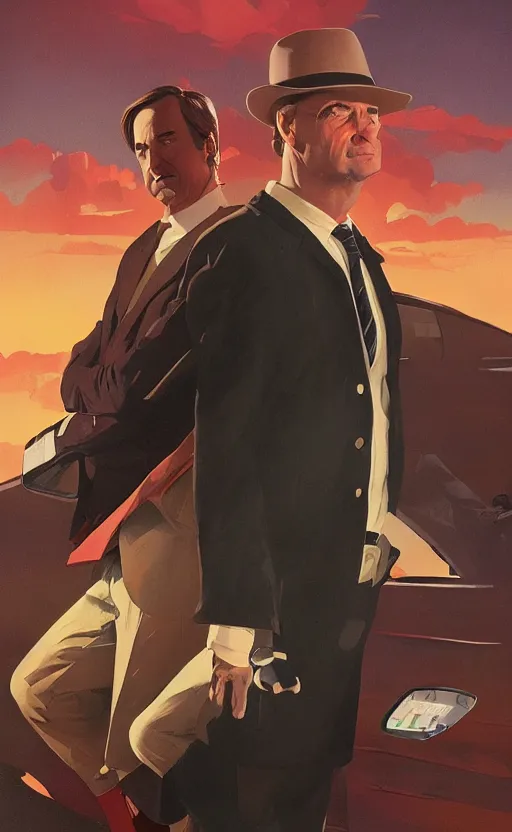 Image similar to saul goodman, poster of better call saul, perfect pose, vintage, matte painting, illustration,, by rhads, by greg rutkowski, by greg tocchini, by james gilleard, by joe fenton