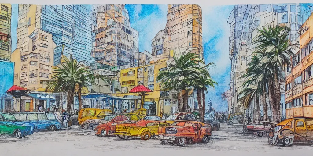 Image similar to street artists. painting of rounded bauhaus buildings in a junction in dizingof center in tel aviv. highly detailed. pen drawing painted with watercolors. colorful. low buildings. palm trees. super realistic. fluffy