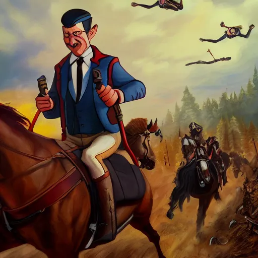 Image similar to Gideon Gleeful gravity falls leading a cavalry charge, oil painting, realistic, 4K, painting, dramatic, historical