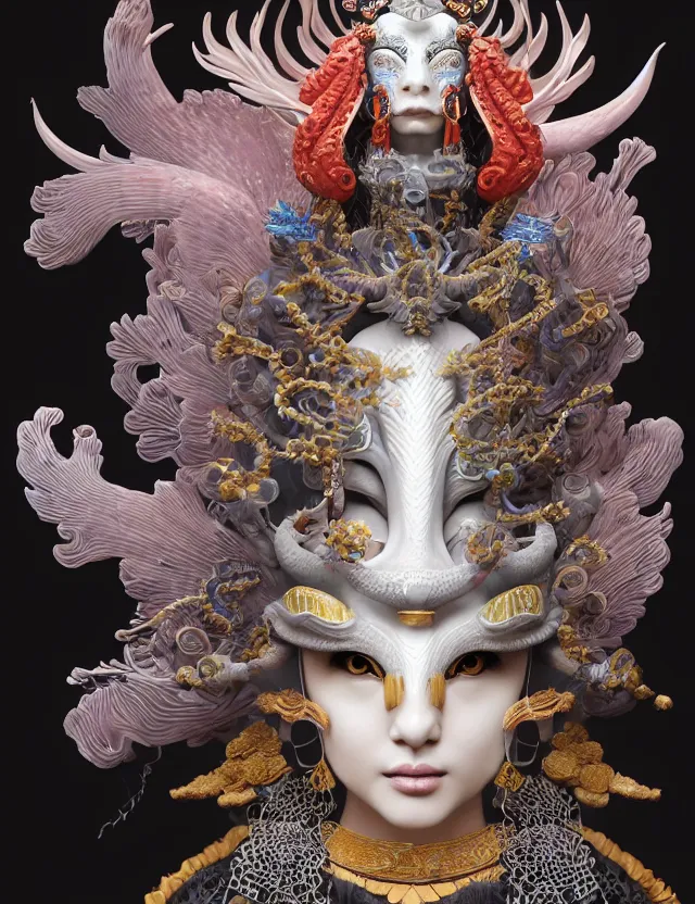 Image similar to 3 d goddess close - up profile portrait with crown, ram skull. beautiful intricately detailed japanese crow kitsune mask and clasical japanese kimono. betta fish, jellyfish phoenix, bio luminescent, plasma, ice, water, wind, creature, artwork by tooth wu and wlop and beeple and greg rutkowski