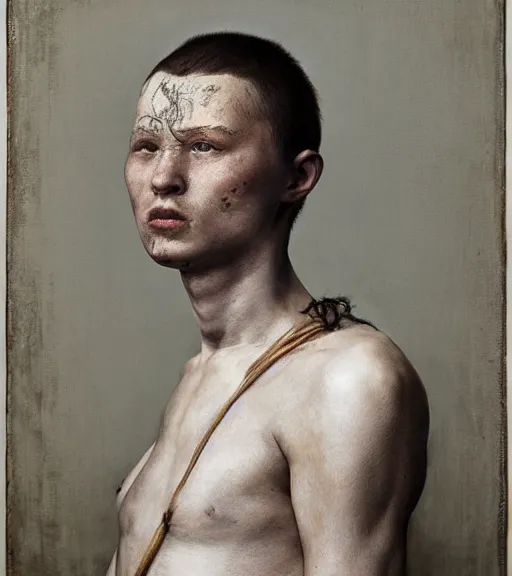 Prompt: realistic detailed portrait of a young slavic samurai!!! by Gregory Crewdson, Irving Penn, Rembrandt, Alex Horley and Jimmy Nelson!