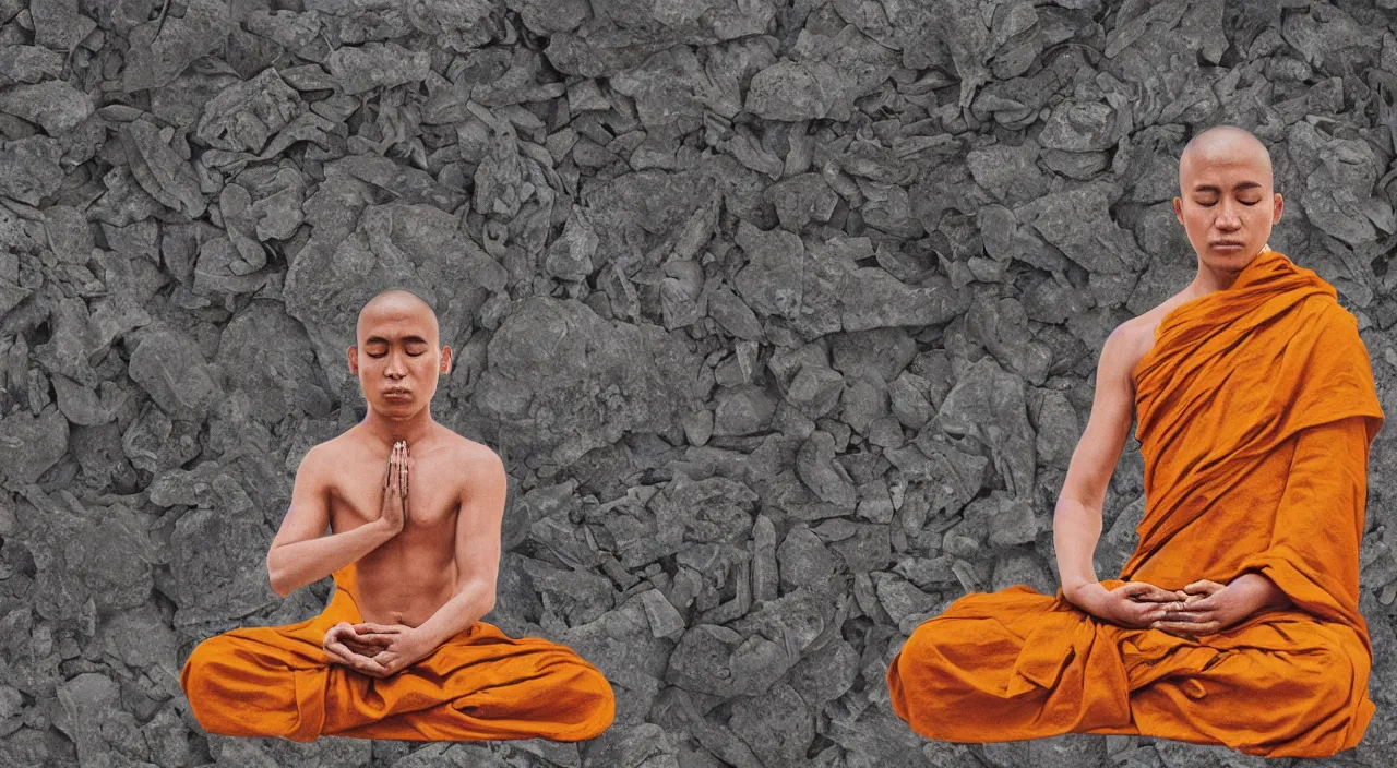 Prompt: a augmented meditating monk sitting on a stone, visionary art style,