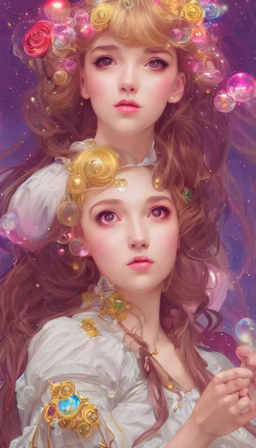 Image similar to portrait of magical lolita girl, dreamy and ethereal, expressive pose, big gold eyes, exciting expression, fantasy, intricate, elegant, many rainbow bubbles, rose tones, highly detailed, digital painting, artstation, concept art, cyberpunk wearing, smooth, sharp focus, illustration, art by artgerm and greg rutkowskiand alphonse mucha