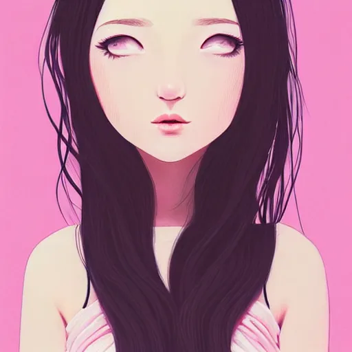 Image similar to happy adult female in sundress, summer dress, pastel light pink very long hair, muted colors, matte print, pastel colors, 2d, ultra highly detailed, digital art, digital painting, fan art, elegant, artstation, head is centered, by Ilya Kuvshinov