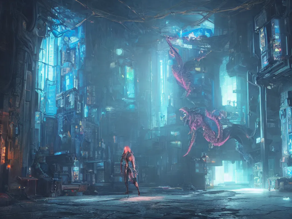 Image similar to A cyberpunk dragon in a basement protecting a technological treasure. A group of explorers are on their way, unreal engine, 8k, CGI, Ray tracing, Cyberpunk, fantasy, Elden Ring, Tron, Furi Videogame, Takashi Okazaki, neon