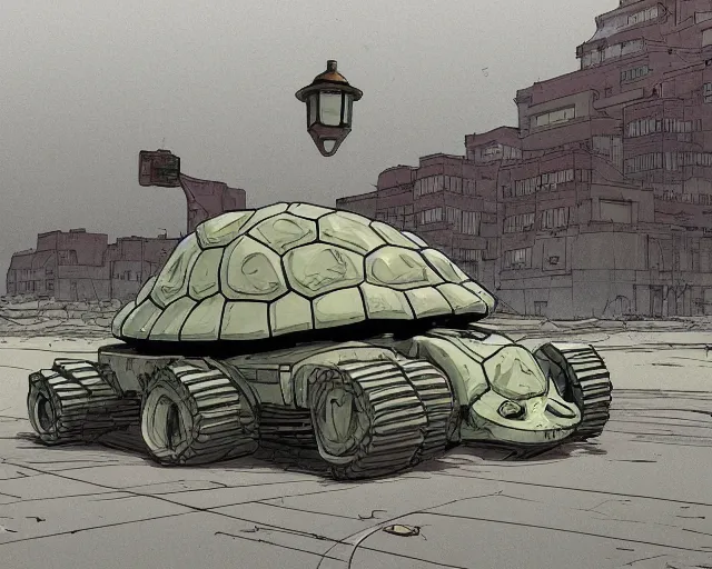 Prompt: a study of cell shaded cartoon turtle tank with tank treads for legs on a desert road, street lamps, road, illustration, wide shot, subtle colors, post grunge, concept art by josan gonzales and wlop, by james jean, victo ngai, highly detailed, sharp focus, trending on artstation, hq, deviantart, art by artgem