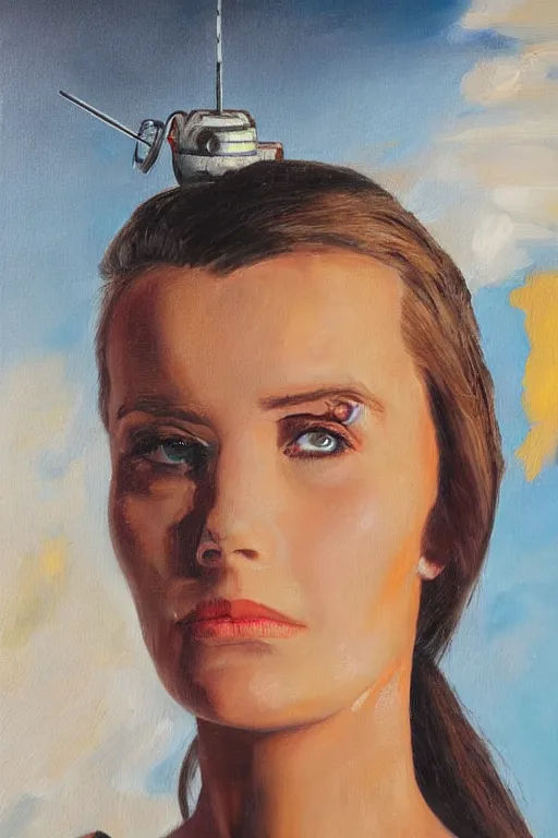 Prompt: oil painting, close-up hight detailed portrait of woman with needle close to eye, in style of 80s sci-fi art