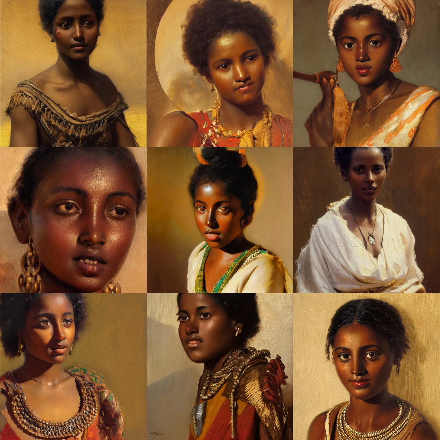 Prompt: cute ethiopian young woman with short natural hair orientalism face detail by theodore ralli and nasreddine dinet and anders zorn and edwin longsden long, bronze age, sword and sorcery, oil on canvas, masterful intricate artwork, excellent lighting, high detail 8 k