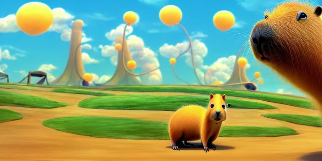 Image similar to cartoon concept art, capybara character, spiral clouds, from lorax movie