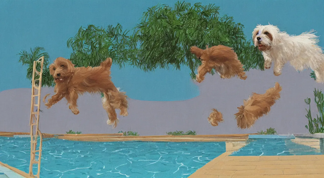 Prompt: medium shot of one cream colored havanese dog jumping from a diving board at a pool at a mid century modern house in palm springs oil painting by david hockney