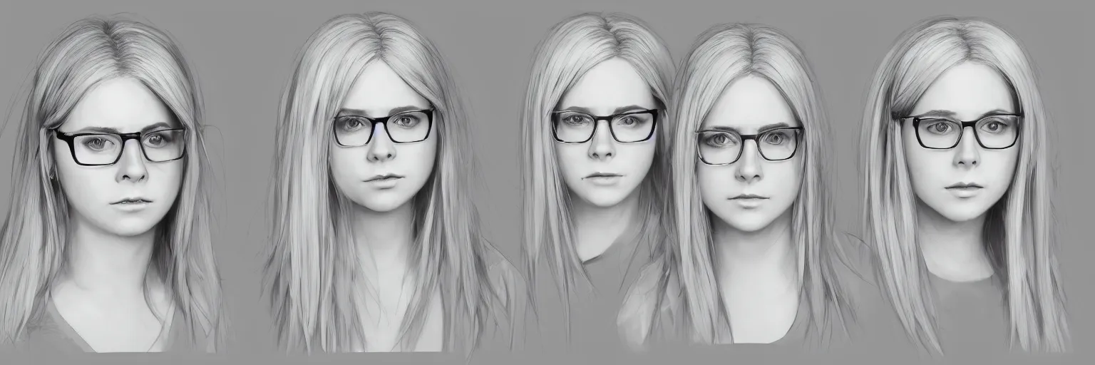 Prompt: female character study of cute avril lavigne, clear avril lavigne face, female, glasses, geek, character sheet, fine details, concept design, contrast, kim jung gi, greg rutkowski and francis bacon, trending on artstation, 8 k, full body and head, turnaround, front view, back view, ultra wide angle