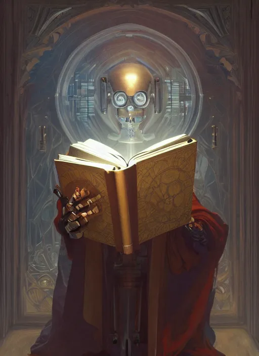 Prompt: portrait of a robot wizard reading a big book, transparent scalp, window, intellectual, sofisticated, medieval fantasy, highly detailed, digital painting, artstation, concept art, character art, art by greg rutkowski and tyler jacobson and alphonse mucha