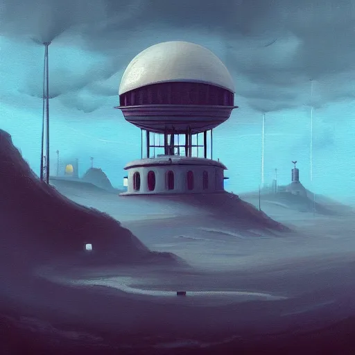 Image similar to beautiful painting of a white observatory in the cloudy dreams of a mainframe in the style of Simon Stålenhag and H. R. Giger, detailed, trending on Artstation