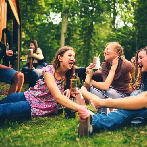 Prompt: small group of friends partying outside woodland cabin, speaker stack, festival lighting