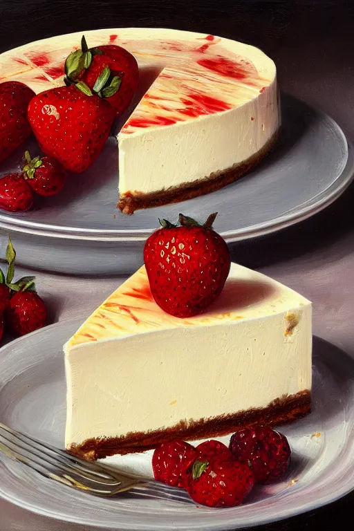 Image similar to still of putting cheesecake in the fridge oil on canvas, intricate, portrait, 8 k highly professionally detailed, hdr, cgsociety