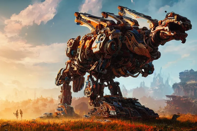 Image similar to thunderjaw machine mecanical creature robot of horizon forbidden west horizon zero dawn radiating a glowing aura global illumination ray tracing hdr fanart arstation by ian pesty and alena aenami artworks in 4 k