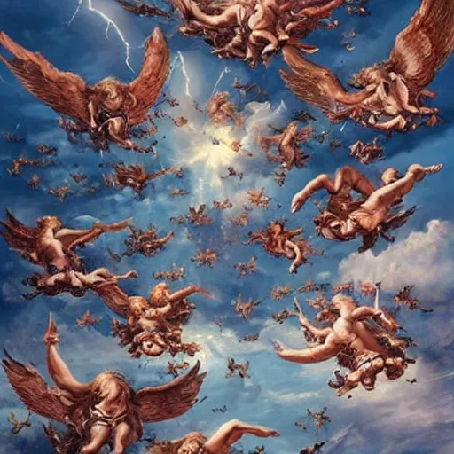 Prompt: thousands of rebel angels falling from heaven as meterorites, epic lighting, disaster clouds, michael bay style