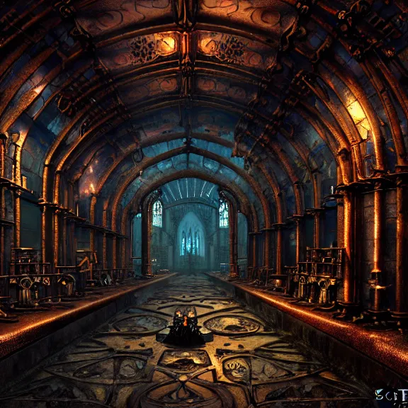 Image similar to steam necropolis, memento mori, gothic, neo - gothic, art nouveau, hyperdetailed copper patina medieval icon, stefan morrell, philippe druillet, ralph mcquarrie, concept art, steampunk, unreal engine, detailed intricate environment, octane render, moody atmospherics, volumetric lighting, ultrasharp, ominous, otherworldly