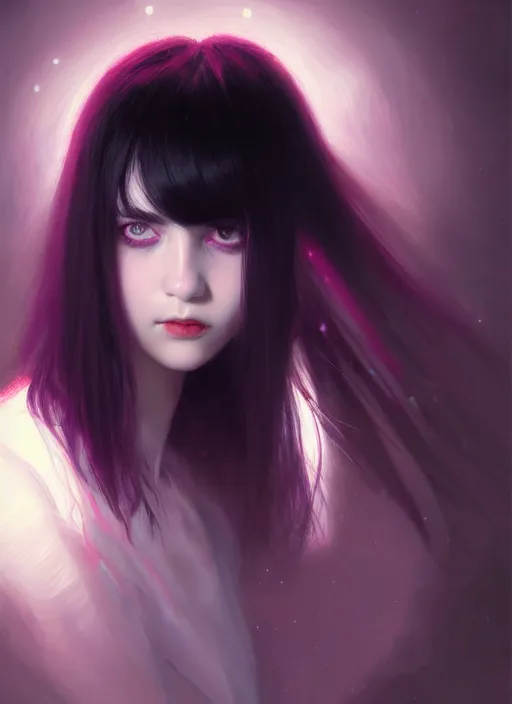 Image similar to portrait of teenage girl, red irises, red eyes, black hair, white bangs, purple clothes, white bangs, bangs, black hair and white bangs, intricate, elegant, glowing lights, highly detailed, digital painting, artstation, concept art, smooth, sharp focus, illustration, art by wlop, mars ravelo and greg rutkowski