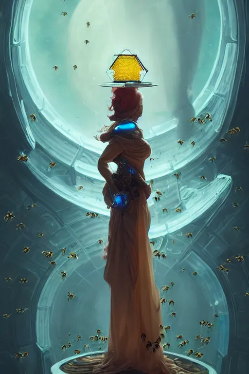 Image similar to fantasy beekeeper, stunning woman, wearing nanotech honeycomb robe, silky, surrounded by bees, futuristic, sci-fi, cinematic, greg rutkowski, peter mohrbacher