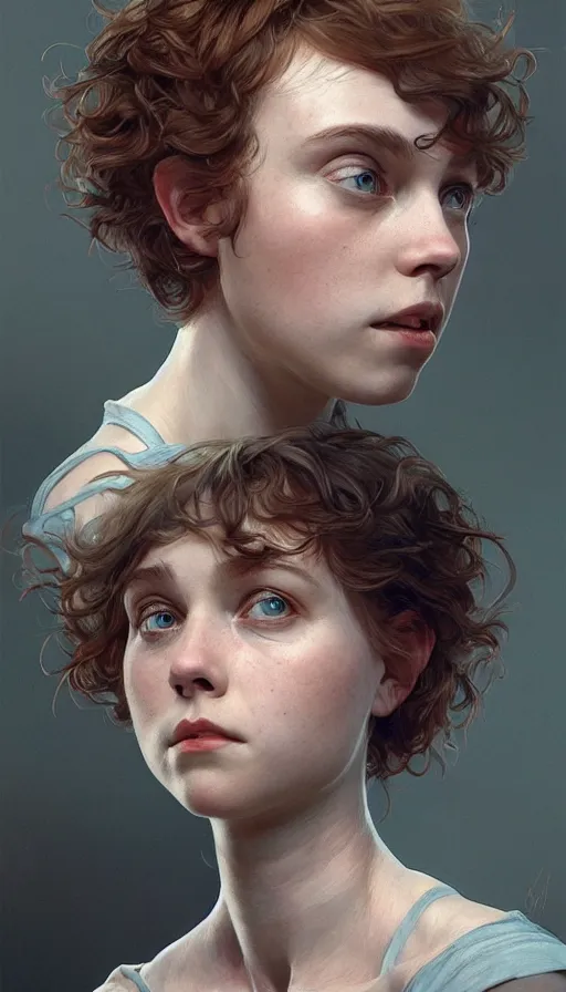 Prompt: Sophia Lillis, sweaty, insane, intricate, highly detailed, digital painting, artstation, concept art, smooth, sharp focus, illustration, Unreal Engine 5, 8K, art by artgerm and greg rutkowski and alphonse mucha