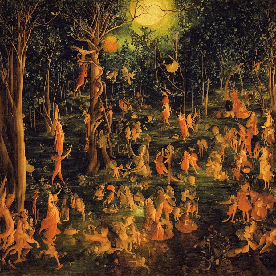 Image similar to renaissance painting of a night carnival around a magical tree cavity, with a surreal orange moonlight and fireworks in the background, next to a lake with iridiscent water, christmas lights, folklore animals and people disguised as fantastic creatures in a magical forest by summer night, masterpiece painted by coby whitmore, scene by night, dark night environment, refraction lights, glares