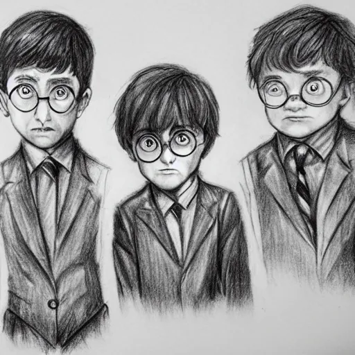 Prompt: pencil drawing bunch of charachters from harry potter looking at each other