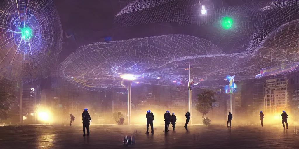 Image similar to policemen protecting a huge spiral - shaped bright luminous attractor right in the center of the city from protesting people,, rain and light fog, professional lighting, concept art in 3 d, high detail, professional lighting