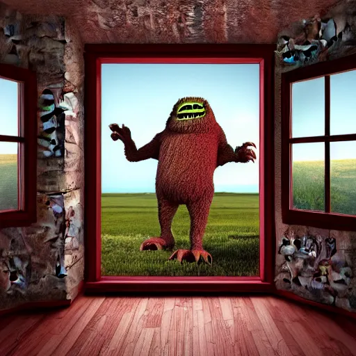 Prompt: photography, 3 d render, monster, window, wood floor