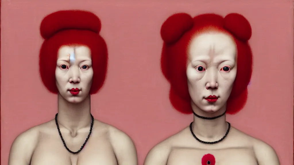 Image similar to symmetrical portrait of a woman wearing a pink silicone mask and red hair rolls, wearing a red bodysuit by alexander mcqueen, cream white background, biotechnology, bjork aesthetic, translucent, masterpiece, in the style of rogier van der weyden and jacopo da pontormo, by mark ryden, punk, asian art,