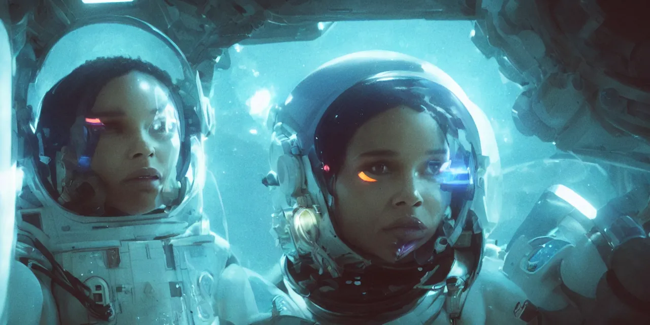 Prompt: Zoe Kravitz with short hair as a techpunk astronaut, helmet with led lights, underwater in the ocean at night, clear water, glowing bubbles, volumetric lighting, glowing lights, 4k, octane, unreal engine, digital painting, artstation, concept art, high contrast, high saturation , cinematic film still, sharp focus, illustration, art by Christopher Nolan and artgerm and greg rutkowski and alphonse mucha , wide angle view, full body