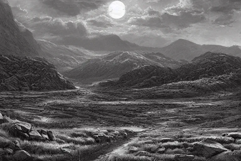 Image similar to a dark desolate valley full of moths, cinematic scene, matte paitning, grey shift, cinematic lighting, art by james gurney