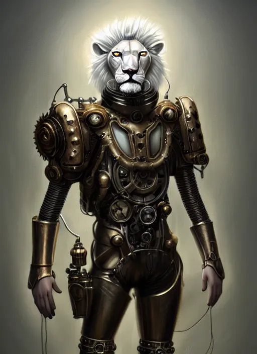 Image similar to an anthromorphic male white lion in a steampunk cybersuit, diffuse lighting, fantasy, highly detailed, photorealistic, digital painting, artstation, illustration, concept art, smooth, sharp focus, in the style of tom bagshaw