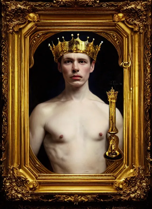 Image similar to highly detailed oil painting | very intricate | cinematic lighting | black, white and gold color scheme, dark background | a humanoid cat king with a crown | by roberto ferri, by gustav moreau, by singer sargent and klimt, american romanticism, occult art | by austin osman spare, artstation, cgsociety, official art, octane