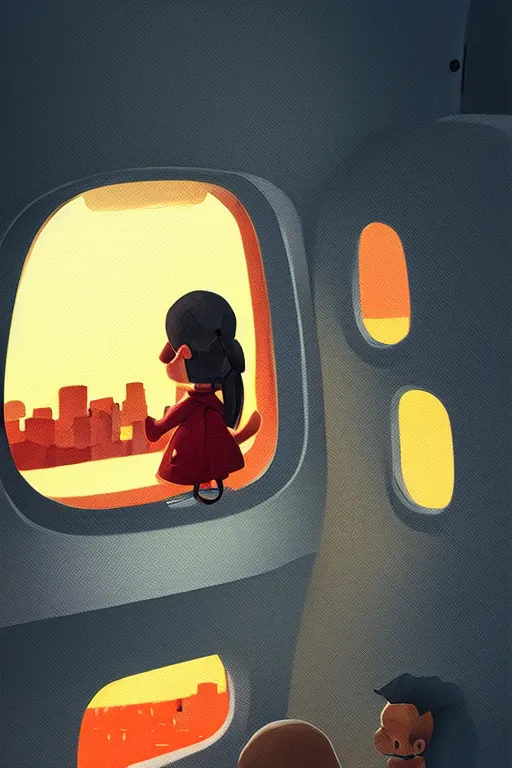 Prompt: passenger looking city on fire at window in airplane, Andrew McIntosh, trending on artstation