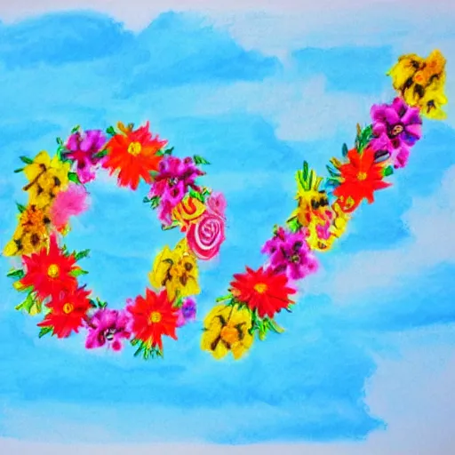 Image similar to the letter P capitalised in flowers, garland, sky background, crayon drawing style,