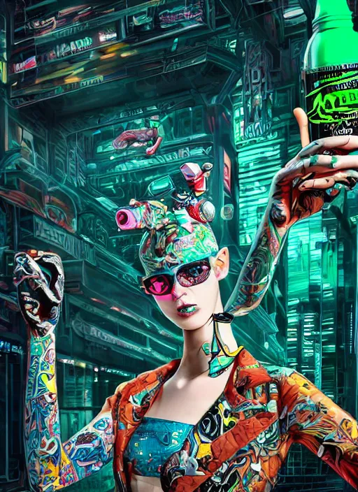 Image similar to duck drinks energy drink monster energy, elegant, sophisticated, fashionable cyberpunk gravure idol, an ultrafine hyperdetailed illustration by kim jung gi, irakli nadar, intricate linework, bright colors, porcelain skin, unreal engine 5 highly rendered, fashion photography, global illumination, radiant light, detailed and intricate environment