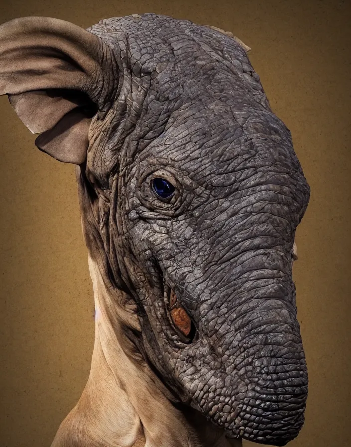 Image similar to portrait of muscular animal human merged head skin ears, large dark background, scales skin dog, cat merged elephant head cow, chicken face morphed fish head, gills, horse head animal merge, morphing dog head, animal eyes, merging crocodile head, anthropomorphic creature