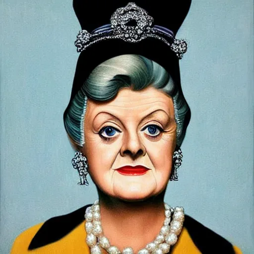 Image similar to very beautiful portrait of dame angela lansbury wearing pearls, detailed and colorful and painted by rene magritte