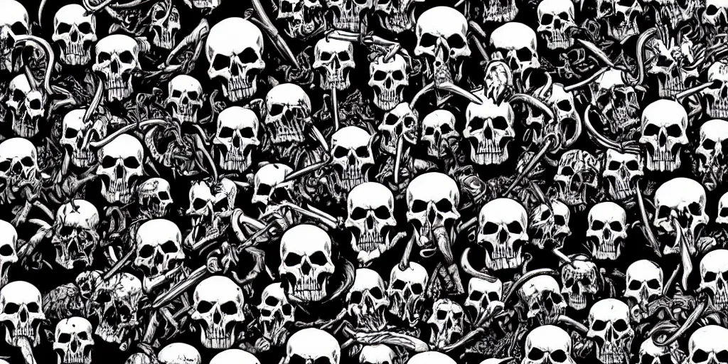 Prompt: a !!!!hellish landscape of skulls of different sizes, bones and flesh. Marvel comic style.