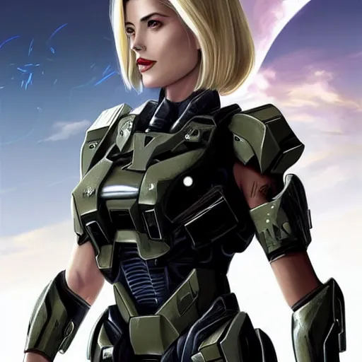 Image similar to A combination of Ashley Greene's and Ada Wong's and Grace Kelly's appearances with blonde hair wearing Forerunner armor from Halo, high tech, action shot, angular, full body portrait, futuristic, dramatic, fantasy, intricate, elegant, highly detailed, artstation, matte, sharp focus, 8K, art by Artgerm and Greg Rutkowski and Alphonse Mucha